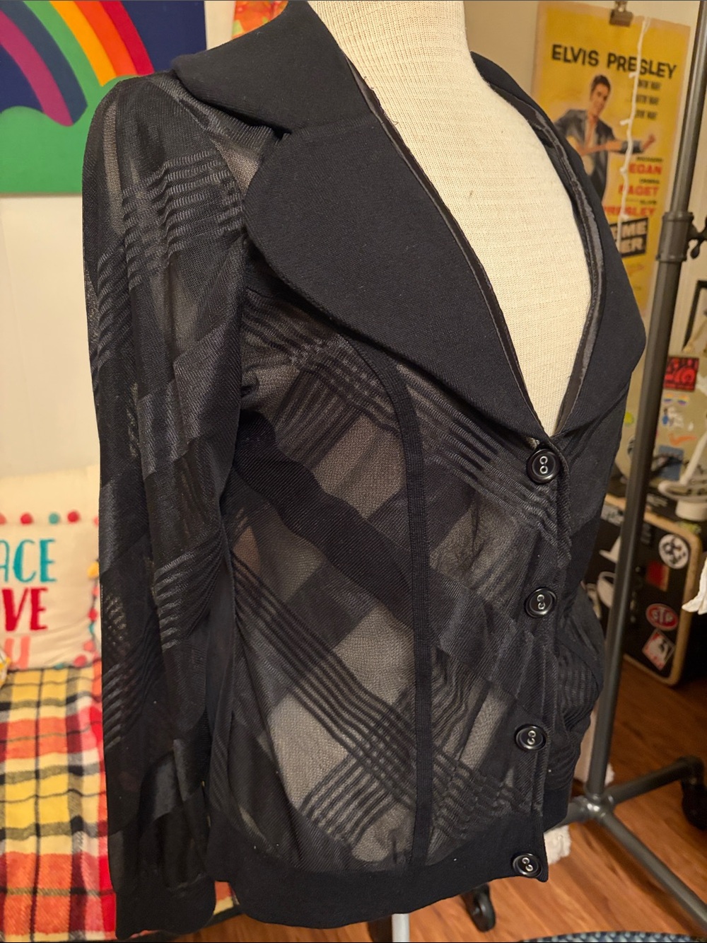 Black Sheer Plaid Button-Up Snap Jacket